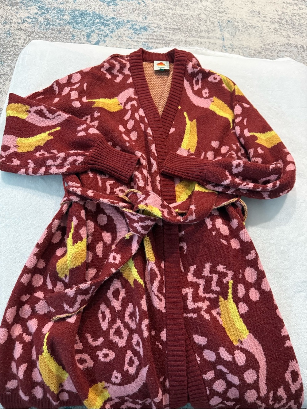 FARM Rio Burgundy Toucanissimo Cardigan Long Sleeve Open Front Small EB2